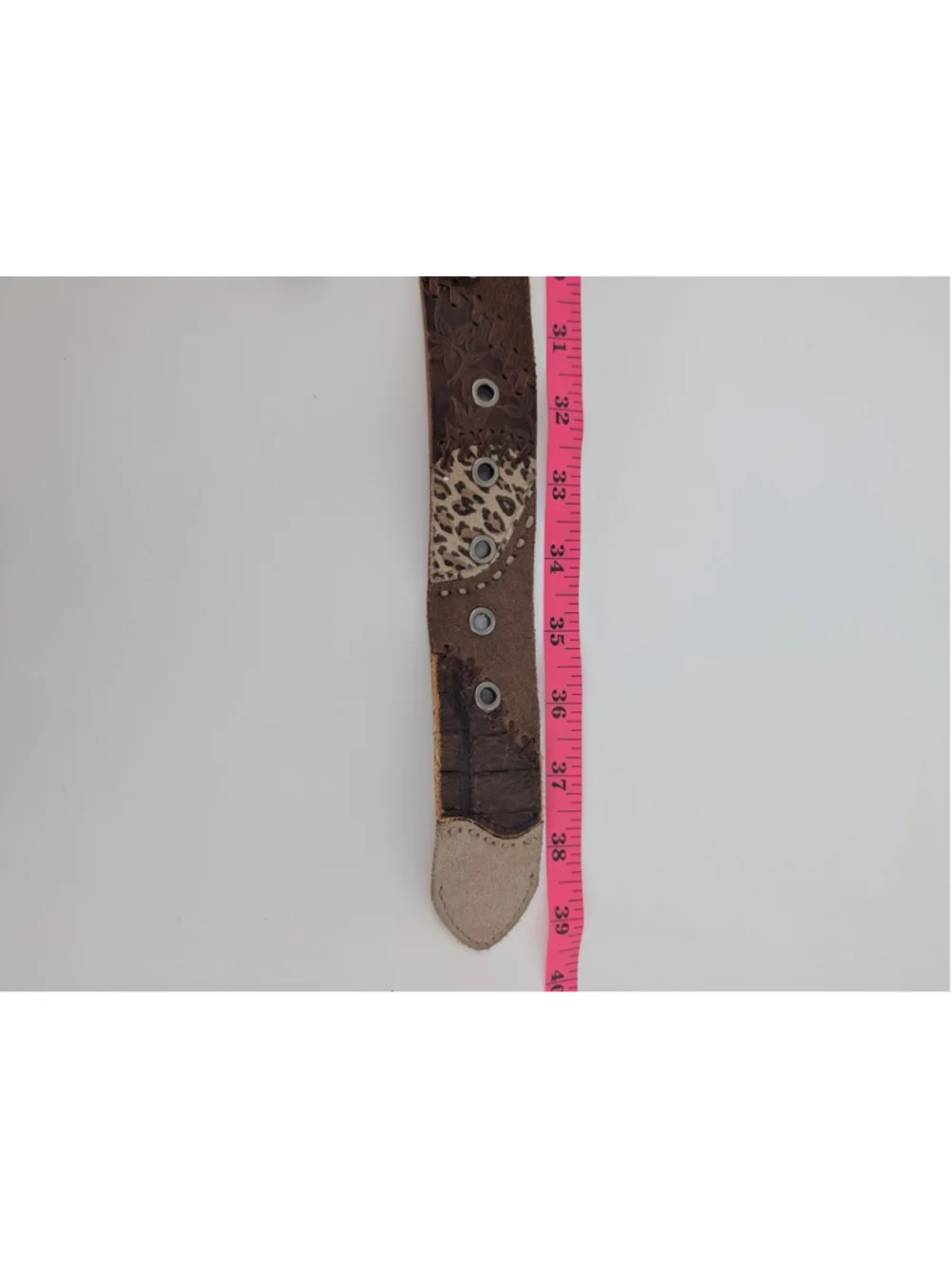 Fossil Leather Patchwork Belt M Brown Tooled Leopard Whipstitch Boho Western